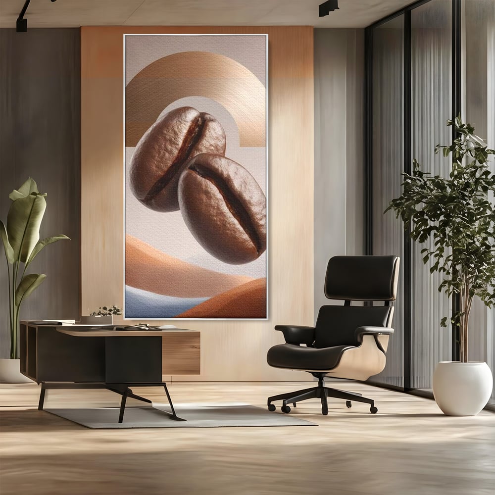 Tablou canvas cu tablou canvas cu boabe de cafea, in rama de aluminiu argintiu, pe perete intr-un birou